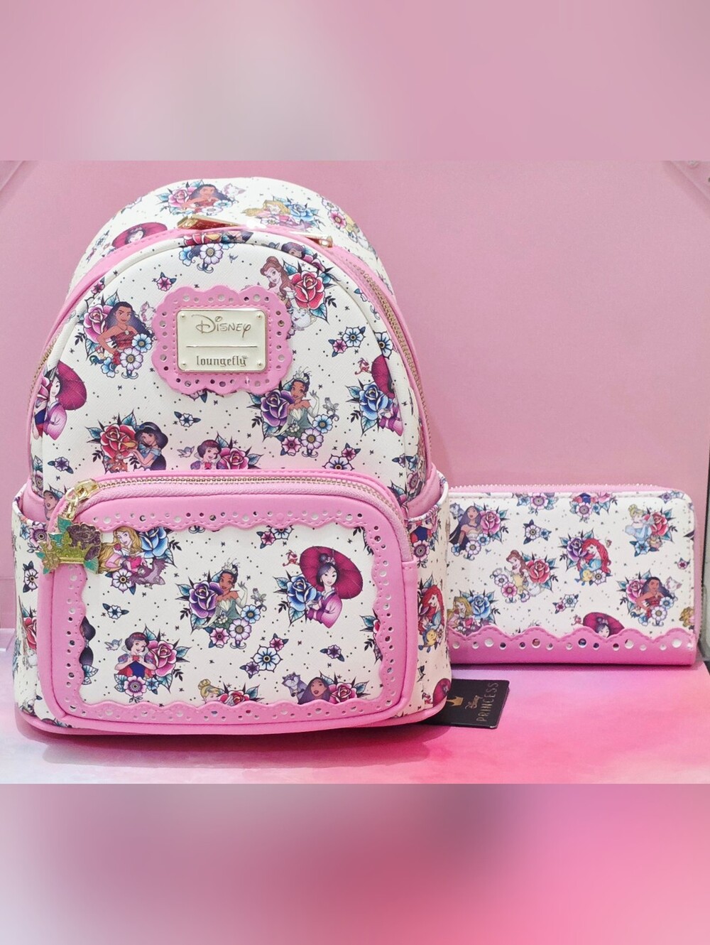 Brand New Loungefly Disney Princess Pink Tattoo Mini Backpack and Wallet 2022